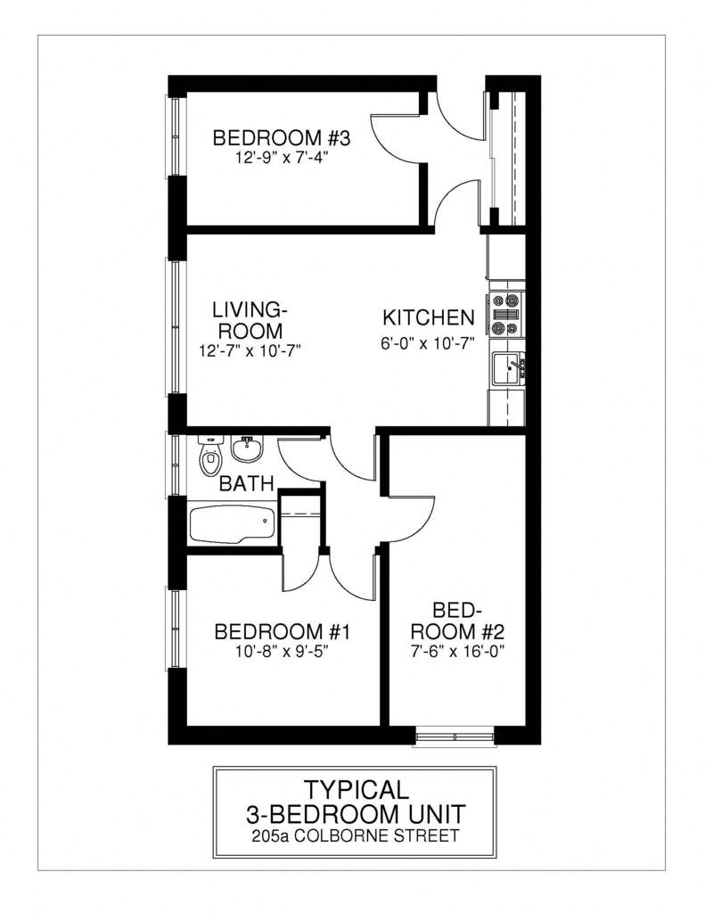 Floor plan for 3 beds, 1 bath, 600 sqft